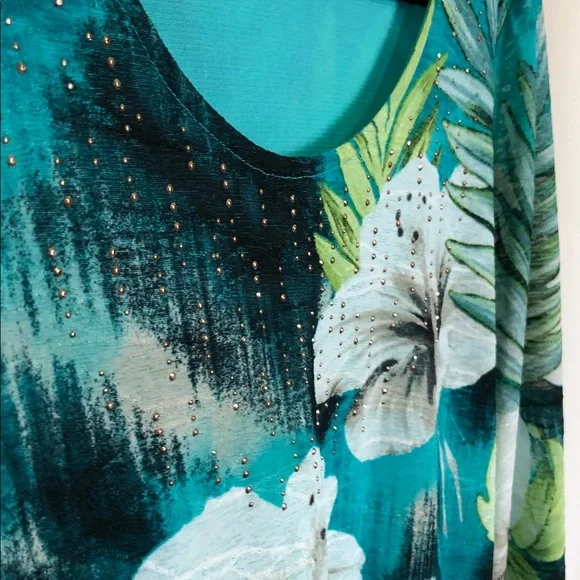 JM Collection Teal Tropical Floral Scoop-Neck Blouse Flowy Sleeves Sz 1X (V1) - Picture 4 of 10